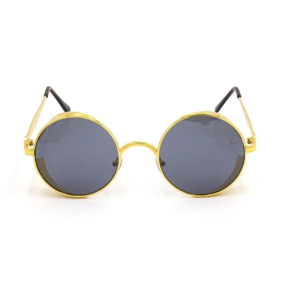 Dark Black Lens Round Thick Frame Gold Metal Sunglasses Men Hip Hop Style Trendy